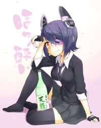 Rule 34 | 10s, 1girl, alcohol, blush, bottle, breasts, choko (cup), cup, eyepatch, fingerless gloves, gloves, headgear, kantai collection, medium breasts, nagian, necktie, personification, purple hair, sake, school uniform, short hair, sitting, skirt, smile, solo, tenryuu (kancolle), thighhighs, yellow eyes