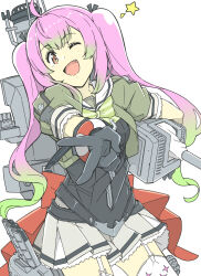 Rule 34 | 1girl, adapted turret, ahoge, black gloves, bow, bowtie, cannon, corset, fang, garter straps, gloves, gradient hair, green bow, green bowtie, green hair, grey sailor collar, grey skirt, highres, kantai collection, long hair, looking at viewer, machinery, momo (kancolle), multicolored hair, ninimo nimo, one eye closed, pink hair, pleated skirt, red eyes, sailor collar, sailor shirt, school uniform, serafuku, shirt, skirt, smokestack, solo, sparkle print, thighhighs, torpedo launcher, turret, twintails, v, white thighhighs, zipper