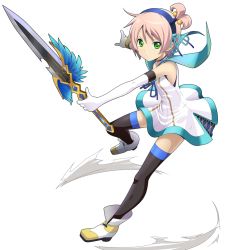 Rule 34 | 1girl, black neckwear, black thighhighs, blue sailor collar, choker, female focus, fighting stance, full body, gloves, green eyes, hairband, kanonno earhart, mikeneko (stray-sheep), pink hair, sailor collar, serious, shoes, short hair, side ponytail, skirt, solo, sword, tales of (series), tales of the world radiant mythology 2, thighhighs, weapon, white background, white gloves