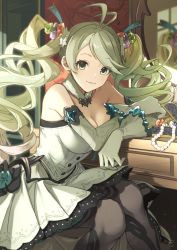Rule 34 | 1girl, ahoge, breasts, cleavage, de la fille, detached collar, dress, drill hair, elbow gloves, feb itk, gem, gloves, granblue fantasy, highres, jewelry, jewelry box, large breasts, mirror, necklace, pantyhose, pearl necklace, sitting, smile, solo, twintails