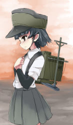 Rule 34 | 10s, 1girl, arare (kancolle), arm warmers, black hair, brown eyes, collared shirt, grey skirt, hands on own chest, hat, highres, kantai collection, machinery, noa (nagareboshi), profile, shirt, short hair, short sleeves, skirt, solo, suspenders, tears, water