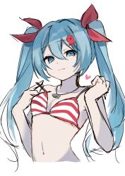 Rule 34 | absurdres, blue eyes, blue hair, bra, collarbone, commentary, cropped torso, fish pendant, hair ribbon, half-closed eyes, hands up, hatsune miku, heart, highres, jewelry, long hair, looking at viewer, midriff, navel, octopus hair ornament, pendant, red bra, red ribbon, removing bra, ribbon, sketch, smile, striped bra, striped clothes, twintails, umi no searchlight (vocaloid), underwear, upper body, very long hair, vocaloid, white background, yuki miku, yuki miku (2022), yukia 1128