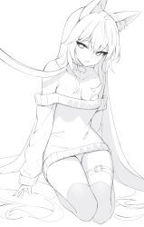 1girl absurdres ahoge animal_ears bare_shoulders breasts cleavage collar collarbone commentary_request commission dress fox_ears highres korean_commentary leash long_hair long_sleeves looking_at_viewer medium_breasts monochrome nogong off-shoulder_sweater off_shoulder open_mouth original panties pantyshot sketch solo sweat sweater sweater_dress thigh_strap thighhighs thighs underwear very_long_hair