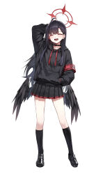 Rule 34 | 1girl, absurdres, ahoge, armband, black choker, black footwear, black hair, black hoodie, black skirt, black socks, black wings, blue archive, blush, choker, closed eyes, facing viewer, feathered wings, full body, gnns, halo, hand in pocket, highres, hood, hoodie, ichika (blue archive), long hair, long sleeves, low wings, open mouth, pleated skirt, red armband, red halo, shoes, simple background, skirt, smile, socks, solo, white background, wings