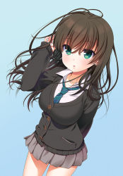 Rule 34 | 10s, 1girl, blue background, breasts, brown hair, buttons, cardigan, earrings, gradient background, green eyes, idolmaster, idolmaster cinderella girls, jewelry, large breasts, long hair, looking at viewer, loose necktie, nanase meruchi, necklace, necktie, pearl necklace, pleated skirt, school uniform, shibuya rin, shirt, simple background, skirt, solo, standing, white shirt
