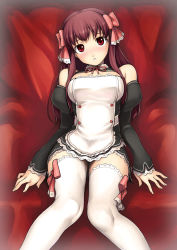 Rule 34 | 1girl, amane (dream c club), apron, blush, bow, detached sleeves, dream c club, dream c club (series), hair bow, knees together feet apart, looking at viewer, maid, maid apron, pink hair, red eyes, red hair, sitting, solo, tanaka shoutarou, thighhighs