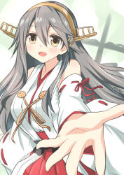 Rule 34 | 10s, 1girl, absurdres, bare shoulders, black hair, brown eyes, detached sleeves, hair ornament, hairband, hairclip, haruna (kancolle), highres, japanese clothes, kantai collection, long hair, looking at viewer, nontraditional miko, open mouth, outstretched arm, ryuki (ryukisukune), skirt, smile, solo