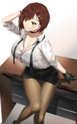 Rule 34 | 1girl, absurdres, arm up, black choker, black gloves, black necktie, bra visible through clothes, breasts, brown eyes, brown hair, brown pantyhose, choker, cleavage, commission, earrings, gloves, highres, jewelry, large breasts, looking at viewer, mole, mole under eye, necktie, original, pantyhose, pencil skirt, pixel (yuxian), pixiv commission, short hair, skirt, solo, stud earrings, undone necktie