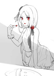 Rule 34 | 1girl, aer (tengqiu), applying makeup, bare shoulders, bracelet, cosmetics, female focus, flower, hair ornament, highres, jewelry, leaning forward, lipstick, lipstick tube, long hair, looking at viewer, makeup, monochrome, plant, red eyes, red flower, red rose, rose, scarf, sink, sketch, skirt, solo, spot color, very long hair, vittorio veneto (warship girls r), warship girls r, white background