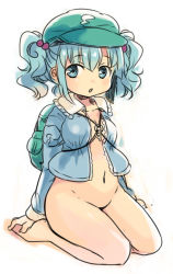 Rule 34 | 1girl, backpack, bag, blue eyes, blue hair, bottomless, breasts, chaba (hortensia), female focus, groin, hair bobbles, hair ornament, hat, kawashiro nitori, long sleeves, looking at viewer, matching hair/eyes, medium breasts, naked shirt, navel, open clothes, open mouth, open shirt, plump, shirt, sitting, solo, stomach, touhou, twintails, two side up, wariza