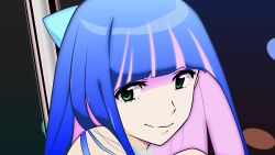 Rule 34 | 10s, 1girl, alternate costume, close-up, colored inner hair, eyelashes, green eyes, highres, multicolored hair, panty &amp; stocking with garterbelt, pole, smile, solo, stocking (psg), two-tone hair, vector trace