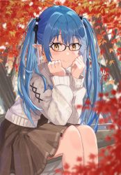 Rule 34 | 1girl, absurdres, aran sweater, autumn, autumn leaves, bench, blue hair, blush, brown skirt, cable knit, cardigan, closed mouth, elf, glasses, hair between eyes, hands on own cheeks, hands on own face, haru yu, head rest, highres, hololive, long hair, looking at viewer, miniskirt, official alternate costume, on bench, outdoors, park bench, pleated skirt, pointy ears, sitting, skirt, smile, solo, sweater, virtual youtuber, yellow eyes, yukihana lamy, yukihana lamy (casual)