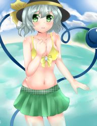 Rule 34 | 1girl, arlonn, bikini, bikini top only, blush, bow, breasts, cleavage, collarbone, green eyes, hat, hat bow, heart, heart-shaped pupils, heart of string, highres, komeiji koishi, looking at viewer, navel, parted lips, shiny skin, shore, solo, swimsuit, swimsuit skirt, symbol-shaped pupils, third eye, touhou, white hair