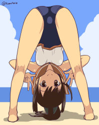 Rule 34 | 1girl, ass, beach, blue one-piece swimsuit, blue sky, brown eyes, brown hair, cloud, day, full body, hair ornament, hairclip, horizon, i-401 (kancolle), kantai collection, kujira naoto, looking at viewer, looking through own legs, ocean, one-piece swimsuit, orange sailor collar, outdoors, ponytail, sailor collar, school swimsuit, shirt, short ponytail, side-tie shirt, sky, sleeveless, sleeveless shirt, solo, standing, swimsuit, swimsuit under clothes, twitter username