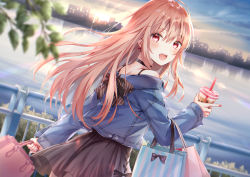 Rule 34 | 1girl, bag, bare shoulders, black bow, black choker, black skirt, blue jacket, blue sky, blurry, blurry foreground, bow, brown hair, bubble tea, choker, cloud, cloudy sky, commentary request, cup, depth of field, diagonal-striped bow, disposable cup, drinking straw, earrings, hair between eyes, higeneko, holding, holding bag, holding cup, jacket, jewelry, lake, long hair, long sleeves, nail polish, off shoulder, original, outdoors, red eyes, red nails, skirt, sky, skyline, sleeves past wrists, solo, striped, striped bow, very long hair, water