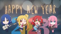 Rule 34 | 4girls, blonde hair, blue eyes, blue hair, bocchi the rock!, bow, chibi, commentary request, cube hair ornament, electric guitar, gibson les paul, gotoh hitori, guitar, hair ornament, happy new year, highres, ijichi nijika, instrument, kita ikuyo, long hair, mole, mole under eye, multiple girls, new year, official art, one eye closed, pink hair, red bow, red eyes, red hair, side ponytail, smile, yamada ryo, yamamoto yuusuke (animator), yellow eyes