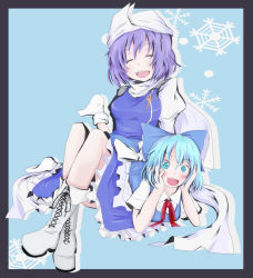 Rule 34 | 2girls, ankle socks, arm support, blue background, blue eyes, blue hair, boots, bow, cirno, closed eyes, cross-laced footwear, crossed legs, dress, facing viewer, framed, hair bow, hat, head rest, high collar, juliet sleeves, kuroneko (kuroi-neko), letty whiterock, light purple hair, long sleeves, looking at viewer, lying on lap, lying on person, multiple girls, no shoes, open mouth, outside border, pin, puffy sleeves, ribbon, shawl, short hair, simple background, sitting, snowflakes, socks, touhou