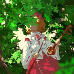 Rule 34 | 1girl, blonde hair, bow, bow (music), bush, collared shirt, covered face, detached sleeves, erhu, hair bow, instrument, japanese clothes, kaigen 1025, leaf, long sleeves, miko, red bow, red ribbon, red skirt, ribbon, satsuki rin, shirt, short hair, skirt, touhou, tree, white shirt, wide sleeves