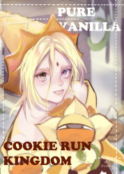Rule 34 | 1boy, absurdres, artist name, artist request, blonde hair, character name, cookie run, hat, heterochromia, highres, ice cream cone, looking at viewer, mature male, one-eyed, petals, pure vanilla cookie, short hair, signature, solo, staff, user favg7272