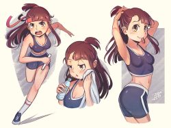 Rule 34 | 1girl, armpits, ass, bike shorts, blue shorts, bottle, breasts, brown hair, cleavage, collarbone, gym uniform, highres, kagari atsuko, little witch academia, long hair, looking at viewer, madabau, multiple views, navel, open mouth, running, shiny skin, shorts, small breasts, smile, sports bra, towel, yellow eyes