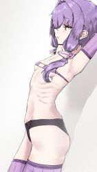 Rule 34 | 1girl, absurdres, akumuruji, arms up, bikini, bikini top only, black panties, breasts, elbow gloves, expressionless, eyepatch bikini, from side, gloves, highres, navel, panties, parted lips, profile, purple eyes, purple gloves, purple hair, purple thighhighs, ribs, short hair with long locks, small breasts, solo, swimsuit, thighhighs, underwear, vocaloid, voiceroid, yuzuki yukari