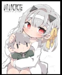 Rule 34 | 1girl, bandaged head, bandages, blush, breasts, character doll, chibi, cleavage, closed mouth, commander (nikke), doll, goddess of victory: nikke, grey hair, hair ribbon, holding, holding doll, large breasts, long hair, modernia (first affection) (nikke), modernia (nikke), monopi, off-shoulder shirt, off shoulder, official alternate costume, red eyes, ribbon, shirt, sidelocks, solo, white shirt, yellow ribbon