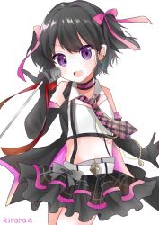 Rule 34 | 1girl, black gloves, black hair, black jacket, black necktie, black skirt, blush, bow, commentary request, cowboy shot, crop top, doko ka no hosono, elbow gloves, gloves, hair between eyes, hair bow, highres, holding, holding microphone, idol, jacket, jewelry, looking at viewer, microphone, miniskirt, necktie, open mouth, original, pendant, pink bow, pink necktie, purple eyes, shirt, short hair, simple background, skirt, sleeveless, sleeveless shirt, solo, two-tone neckwear, two side up, white background, white shirt