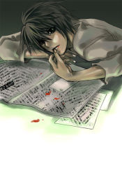Rule 34 | 00s, 1boy, bags under eyes, black eyes, black hair, blood, brown eyes, day, death note, l (death note), long sleeves, looking at viewer, lying, male focus, newspaper, on stomach, short hair, solo, sunlight, sweater, upper body