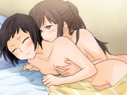 Rule 34 | 2girls, bed, bed sheet, bedroom, blush, breasts, komano hina, liar-soft, lying, multiple girls, nude, okujou no yurirei-san, on side, toomi yuna, yuri