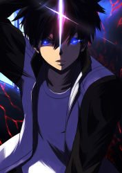 Rule 34 | 1boy, black hair, blue eyes, bright (long-ago), glowing, glowing eyes, highres, holding, holding knife, holding weapon, jacket, knife, long sleeves, mystic eyes of death perception, open clothes, open jacket, shirt, short hair, tohno shiki, tsukihime, tsukihime (remake), weapon