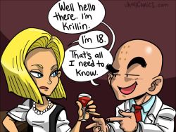 Rule 34 | 1boy, 1girl, alcohol, android 18, bald, bar (place), blonde hair, blue eyes, cup, dragon ball, dragonball z, drinking glass, eyebrows, formal, height difference, jewelry, kuririn, looking at another, necklace, necktie, pearl necklace, red neckwear, short hair, suit, thick eyebrows, white suit, wine, wine glass