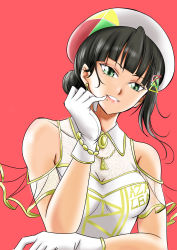 Rule 34 | 1girl, absurdres, alternate hairstyle, amazing travel dna, aqua eyes, artist name, artist request, bare shoulders, black hair, blush, breasts, chromatic aberration, cleavage, collarbone, collared dress, dress, earrings, female focus, gloves, green eyes, hair bun, hair ornament, highres, jewelry, kurosawa dia, long hair, looking at viewer, love live!, love live! school idol festival, love live! sunshine!!, mole, mole under mouth, parted lips, red background, see-through, sidelocks, single hair bun, smile, solo, triangle hair ornament, upper body, white dress, white gloves, white headwear, yousolo