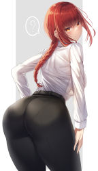 Rule 34 | 1girl, ?, absurdres, ass, blush, braid, braided ponytail, breasts, chainsaw man, collared shirt, formal, from behind, high-waist pants, highres, huge ass, large breasts, leaning, leaning forward, long hair, looking at viewer, looking back, makima (chainsaw man), nano (syoutamho), orange eyes, pants, pantylines, red hair, ringed eyes, shiny clothes, shirt, sideboob, single braid, solo, suit, thighs, tight clothes, tight pants