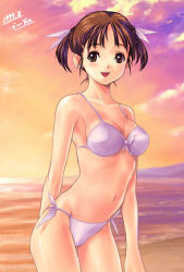 Rule 34 | 1girl, artist name, beach, bikini, breasts, brown hair, cleavage, dated, hair ribbon, kawata hisashi, large breasts, navel, open mouth, original, ribbon, short hair, short twintails, side-tie bikini bottom, signature, smile, solo, sunset, swimsuit, twintails