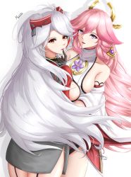 Rule 34 | 2girls, absurdres, animal ears, azur lane, breasts, crossover, earrings, fox ears, genshin impact, gloves, hair ornament, highres, jewelry, kitsune, large breasts, long hair, looking at viewer, mole, mole on breast, multiple girls, musanix, pink hair, prinz eugen (azur lane), purple eyes, red eyes, side ponytail, sideboob, silver hair, smile, voice actor connection, yae miko