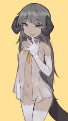 Rule 34 | 1girl, bare shoulders, blue eyes, breasts, chemise, cleft of venus, commentary, cowboy shot, dark-skinned female, dark skin, demon girl, demon horns, elbow gloves, finger to mouth, gloves, grey hair, heart, heart-shaped pupils, highres, horns, long hair, looking at viewer, navel, nipples, no panties, original, pussy, see-through, shone, simple background, small breasts, smile, solo, standing, symbol-shaped pupils, tail, thighhighs, very long hair, white gloves, white thighhighs, yellow background