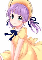Rule 34 | 1girl, blue eyes, blue ribbon, blunt bangs, blush, closed mouth, commentary request, dot nose, dress, hat, highres, lens flare, long hair, looking at viewer, mochi hiyoko, mochipro, neck ribbon, puffy short sleeves, puffy sleeves, purple hair, ribbon, sailor collar, sekina, short sleeves, simple background, smile, solo, sun hat, sundress, twintails, upper body, v arms, virtual youtuber, white background, white sailor collar, yellow dress, yellow hat