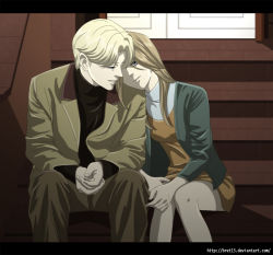 Rule 34 | anna liebert, blonde hair, blue eyes, bret13, brother and sister, brown hair, head on another&#039;s shoulder, jacket, johan liebert, letterboxed, monster (manga), official style, own hands together, siblings, sitting, stairs, twins, watermark, web address