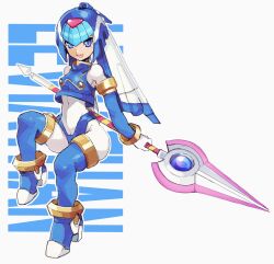 Rule 34 | 1girl, android, armor, blue armor, blue eyes, blue footwear, blue helmet, bodysuit, boots, character name, crop top, fairy leviathan (mega man), forehead jewel, full body, high heel boots, high heels, highres, holding, holding polearm, holding weapon, looking at viewer, mega man (series), mega man zero (series), polearm, shimosuke, simple background, smile, solo, spear, thigh boots, weapon, white background, white bodysuit