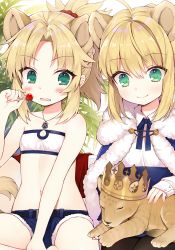 Rule 34 | 2girls, aged down, animal, animal ears, artoria pendragon (all), artoria pendragon (fate), bandeau, bare arms, bare shoulders, belt, belt buckle, black belt, black legwear, blonde hair, blue cloak, blue shorts, blush, buckle, byulzzi, candy, cloak, closed mouth, collarbone, collared shirt, commentary request, crown, fate/apocrypha, fate/grand order, fate/stay night, fate (series), food, fur-trimmed cloak, fur trim, green eyes, hair between eyes, hair intakes, holding, holding candy, holding food, holding lollipop, jewelry, kemonomimi mode, lion, lion ears, lollipop, long sleeves, micro shorts, mordred (fate), mordred (fate/apocrypha), mordred (memories at trifas) (fate), multiple girls, pantyhose, parted lips, pendant, ponytail, saber (fate), shirt, short shorts, shorts, sidelocks, sitting, sleeves past wrists, smile, wavy mouth, white background, white bandeau, white shirt