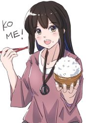 Rule 34 | 1girl, akagi (kancolle), bowl, brown eyes, brown hair, chopsticks, commentary request, food, food on face, foreshortening, jewelry, kantai collection, ld (luna dial398), long hair, looking at viewer, necklace, official alternate costume, pink shirt, rice, rice bowl, shirt, solo, upper body