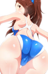 Rule 34 | 1girl, ass, ass focus, back, bare shoulders, blue one-piece swimsuit, blush, brown eyes, brown hair, cameltoe, cleft of venus, competition swimsuit, from behind, hair ornament, hair scrunchie, highres, huge ass, idolmaster, idolmaster (classic), jpeg artifacts, long hair, looking at viewer, looking back, minase iori, one-piece swimsuit, outstretched arms, ponytail, scrunchie, simple background, solo, spread arms, swimsuit, tengu (tetuo kun), thick thighs, thighs, wet, white background, wide hips