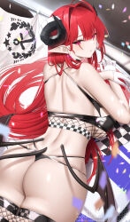 Rule 34 | 1girl, ass, azur lane, bare shoulders, closed mouth, commentary, fouriasensei, from behind, highres, hindenburg (azur lane), horns, long hair, long sleeves, looking at viewer, off shoulder, pointy ears, red hair, solo, symbol-only commentary, thighhighs