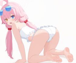Rule 34 | 1girl, ass, barefoot, blue archive, blue eyes, blush, eyewear on head, feet, heterochromia, highres, hoshino (blue archive), hoshino (swimsuit) (blue archive), long hair, looking at viewer, open mouth, pink hair, pinkiuzu, soles, swimsuit, toes, yellow eyes
