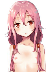 Rule 34 | 1girl, :o, absurdres, breasts, collarbone, guilty crown, hair between eyes, highres, long hair, looking at viewer, nipples, pear sauce, pink hair, red eyes, simple background, small breasts, solo, twintails, upper body, white background, yuzuriha inori