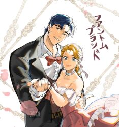 Rule 34 | 1boy, 1girl, 7aizagatha, black jacket, black pants, blonde hair, blue eyes, blue hair, bow, bowtie, breasts, choker, cleavage, commentary request, couple, dress, erina pendleton, head tilt, height difference, hetero, highres, holding hands, husband and wife, jacket, jojo no kimyou na bouken, jonathan joestar, long hair, looking at viewer, medium breasts, off-shoulder dress, off shoulder, pants, petals, phantom blood, red bow, red bowtie, red dress, short hair, smile