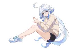 Rule 34 | 1girl, absurdres, alternate costume, arm on thigh, black shorts, blue footwear, blue hair, colored inner hair, cowlick, cross-laced footwear, down jacket, drop-shaped pupils, from side, furina (genshin impact), genshin impact, grey hair, hair between eyes, heterochromia, highres, jacket, knees up, long hair, looking at viewer, mismatched pupils, multicolored hair, okey, own hands together, shoes, short shorts, shorts, simple background, sitting, smile, sneakers, solo, steepled fingers, sweater, symbol-shaped pupils, two-tone footwear, wavy hair, white background, yellow jacket, yellow sweater