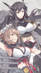 Rule 34 | 2girls, black gloves, black hair, breasts, brown hair, cannon, cleavage, elbow gloves, gloves, green eyes, hairband, headgear, kantai collection, kasumi (skchkko), kikumon, large breasts, long hair, looking to the side, machinery, midriff, multiple girls, mutsu (kancolle), nagato (kancolle), red eyes, red legwear, short hair, turret, upper body, white gloves