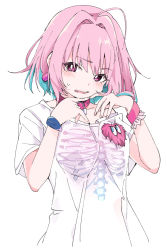 Rule 34 | 1girl, ahoge, bare shoulders, blue hair, blush, bracelet, collar, collarbone, earrings, eyes visible through hair, fang, hair intakes, heart on chest, idolmaster, idolmaster cinderella girls, ixy, jewelry, looking at viewer, multicolored hair, off-shoulder shirt, off shoulder, open mouth, pill earrings, pink eyes, pink hair, shirt, short hair, short sleeves, simple background, solo, t-shirt, two-tone hair, white background, white shirt, yumemi riamu
