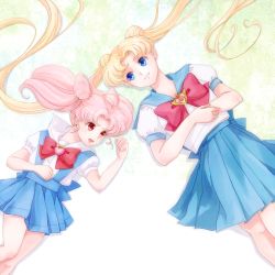 Rule 34 | 2girls, 30, bad id, bad pixiv id, bishoujo senshi sailor moon, bishoujo senshi sailor moon supers, blonde hair, blue eyes, blue sailor collar, blue skirt, bow, bowtie, brooch, chibi usa, cone hair bun, double bun, hair bun, hand on own stomach, heart, heart brooch, jewelry, long hair, lying, multiple girls, on back, parted bangs, pink hair, pleated skirt, puffy short sleeves, puffy sleeves, red bow, red eyes, sailor collar, school uniform, serafuku, short sleeves, skirt, tsukino usagi, twintails
